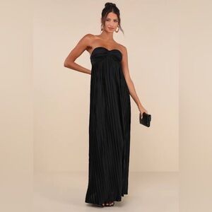 Lulus Whimsical Beauty Black Satin Plisse Strapless Maxi Dress Large